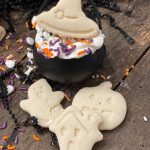 Halloween Sugar Cookie Dippers from Farmwife Feeds. A super easy fun treat for parties, classrooms or a treat for the family. Easy to use plunge cookie cutters and basic buttercream. #halloween #treats #cookiedippers