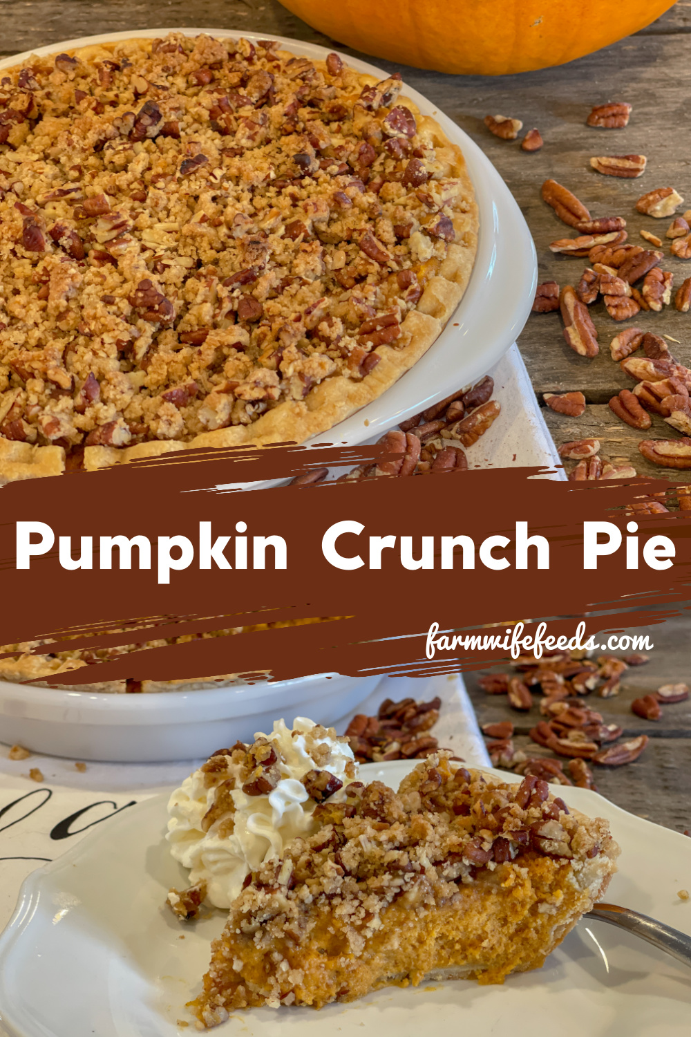 Pumpkin Crunch Pie from Farmwife Feeds takes traditional pumpkin pie up a notch with cream cheese with a sugar pecan crunch topping. #pumpkin #pie #pumpkinpie