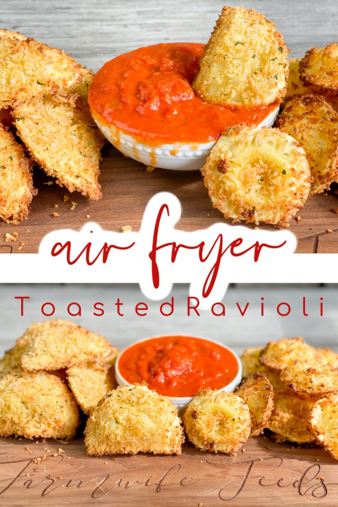2 pictures of crispy ravioli that has been air fryed with small bowl of marinara for dipping words Air Fryer Toasted Ravioli