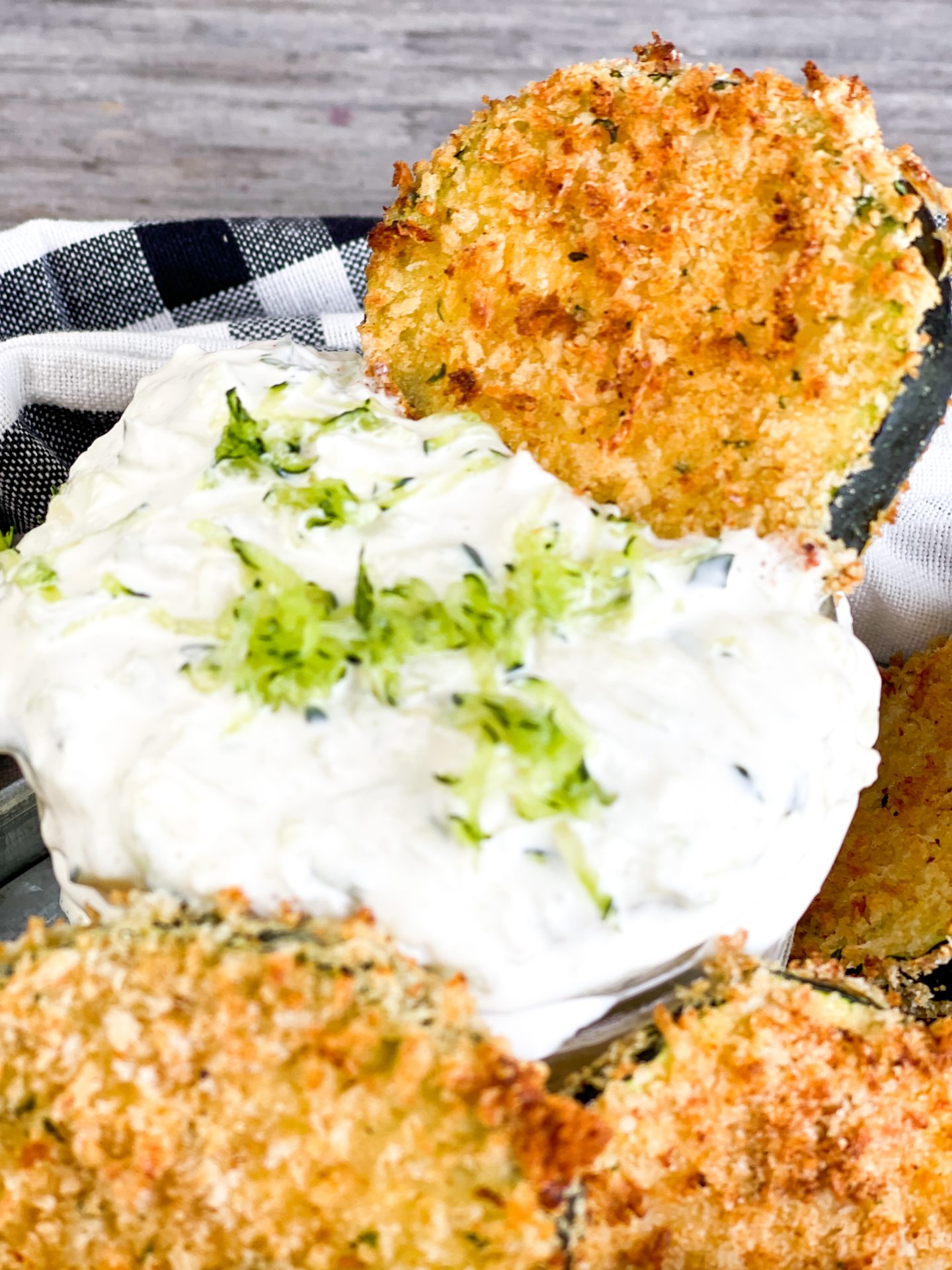 Air Fryer Breaded Zucchini Chips and Creamy Cucumber Dip from Farmwife Feeds. All the yumminess and crispiness of a traditional fried zucchini buy no deep frying! #friedzucchini #zucchini #gardenproduce