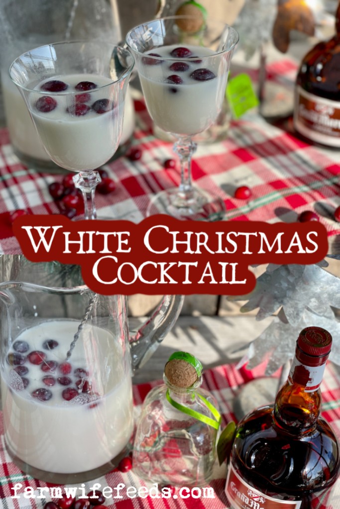 White Christmas Cocktail from Farmwife Feeds. A dreamy creamy coconut mixed drink that mixed by the pitcher for quiet nights or a holiday party. #holidaycocktail #coconut