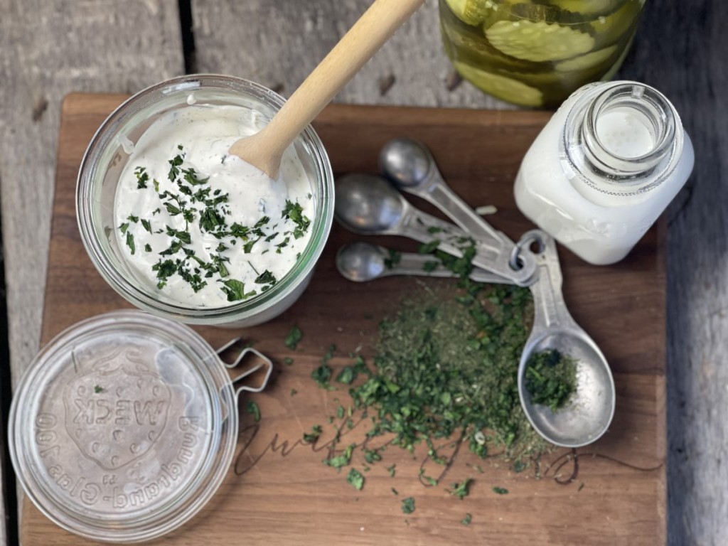 homemade buttermilk ranch dressing dip in jar dried spices measuring spoons