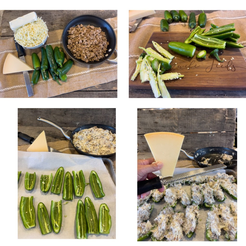 Step-by-step collage for making sausage and cheese stuffed jalapeños, showing ingredients, pepper prep, stuffing process, and adding parmesan cheese before baking.