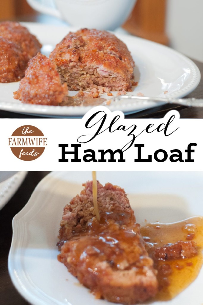 Close-up of a glazed ham loaf on a white plate, showcasing its tender texter and caramelized glaze, with additional slices and glaze in the background.