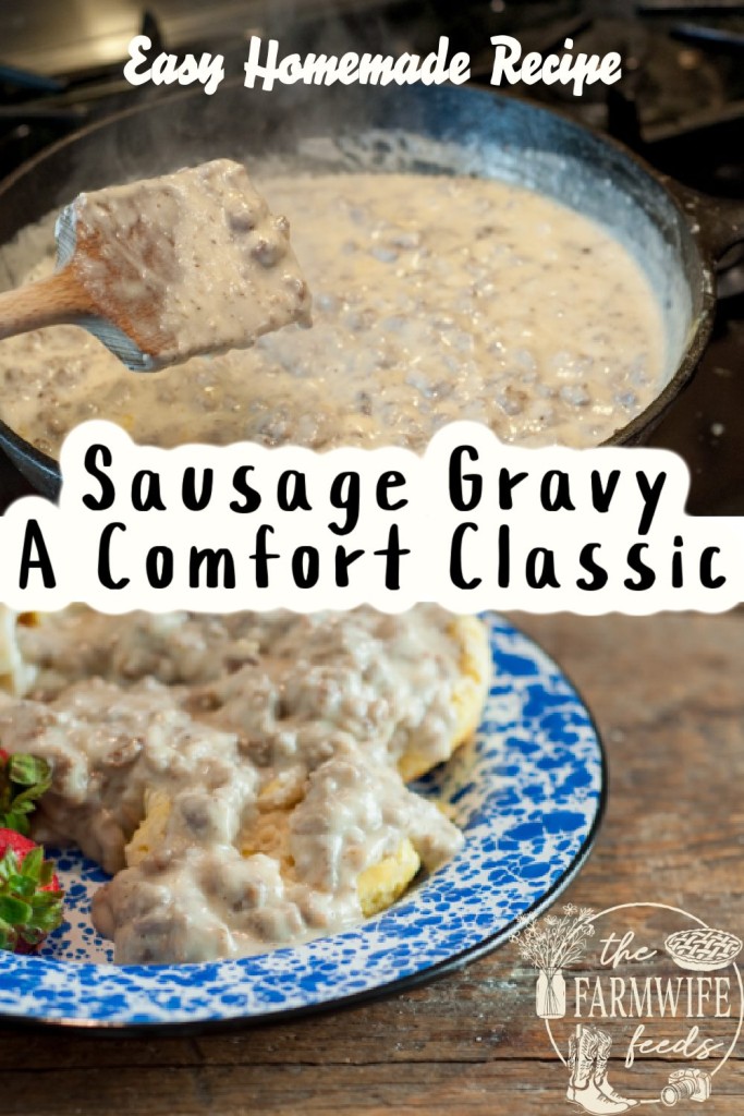 A skillet of creamy homemade sausage gravy being stirred with a wooden spoon, paired with a plate of flaky biscuits generously topped with gravy on a rustic blue and white plate. The image highlights the comforting, classic appeal of this Southern breakfast favorite, perfect for cozy mornings or brunch gatherings.