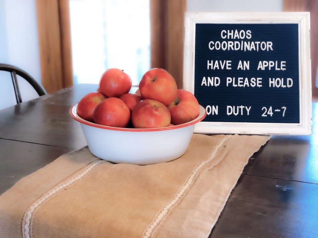 Wooden chaos coordinator sign next to fresh apples on a kitchen counter, representing the unseen emotional load carried by farm moms.