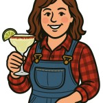Cartoon-style clipart of a smiling farmwife with wavy brown hair wearing denim overalls and a red plaid shirt, holding a margarita cocktail with a Tajín-rimmed glass and lime wedge garnish, set against a white background.