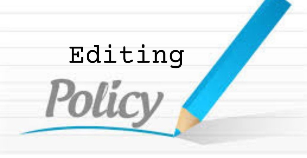 Editing policy graphic with a large blue pencil drawing a line uner the word 'policy' on lined paper.