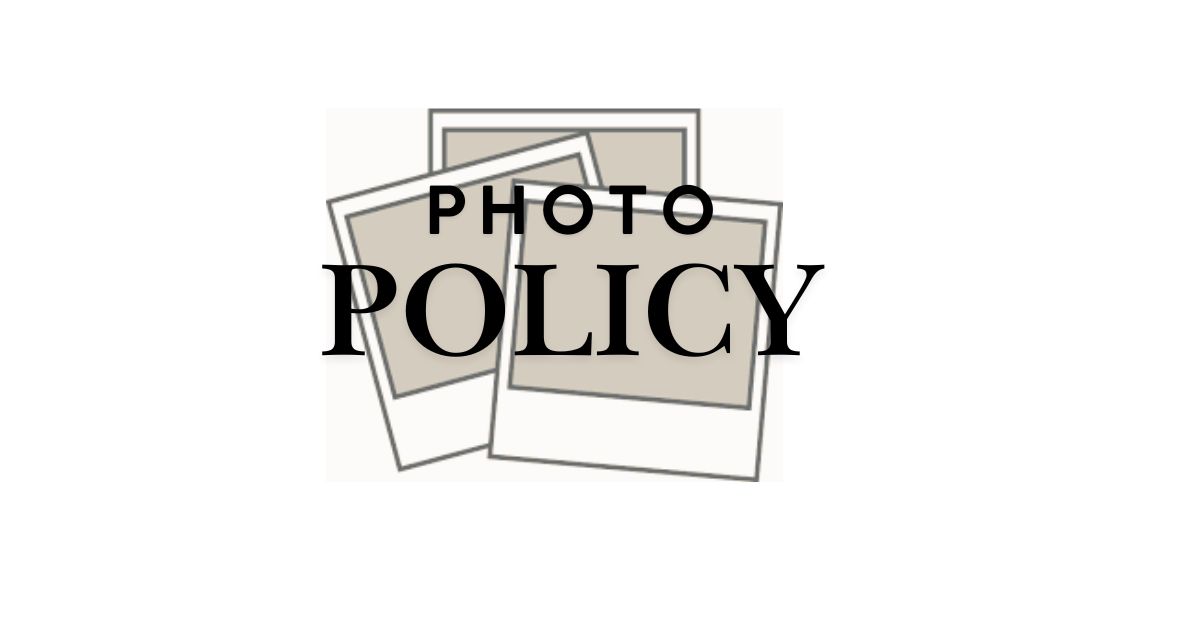 Photo policy graphic showing two overlapping blank photo frames with the words 'Photo Policy' overlaid.