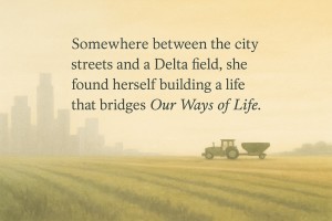 Illustrated quote over a city skyline blending into Delta farmland with a tractor: Somewhere between the city streets and a Delta field she found herself building a life that bridges Our Ways of Life."