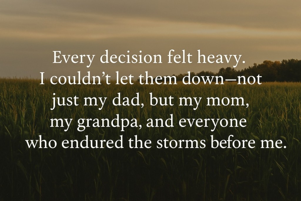Overlaid quote on a golden cornfield at sunset reads: “Every decision felt heavy. I couldn’t let them down—not just my dad, but my mom, my grandpa, and everyone who endured the storms before me.” The image reflects the emotional weight of generational farming and legacy.