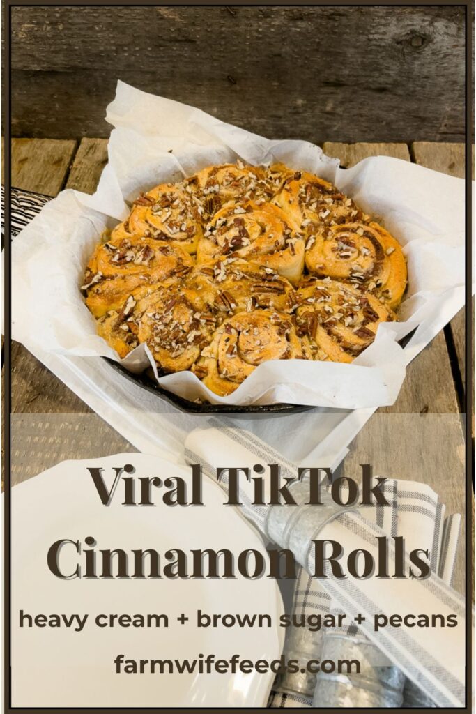 Viral TikTok cinnamon rolls baked in a cast iron skillet with heavy cream, brown sugar and pecans